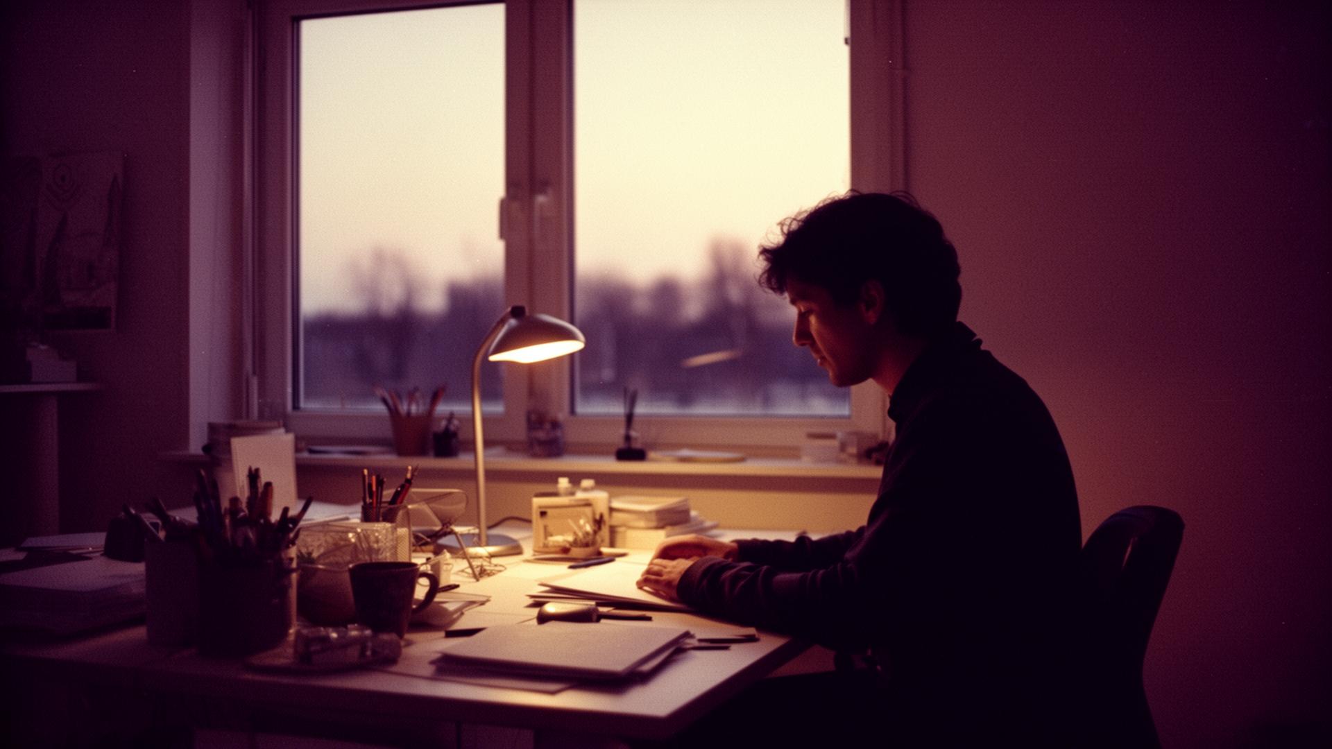 A designer working in a SocialOpp studio at dusk